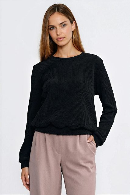 Nife geribde polyester sweater – zwart