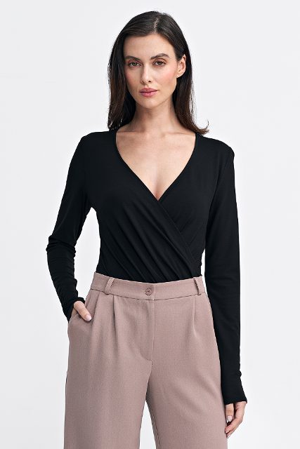 Nife viscose bodyblouse met overslag – zwart