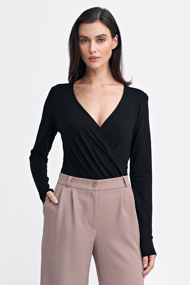 Nife viscose bodyblouse met overslag – zwart