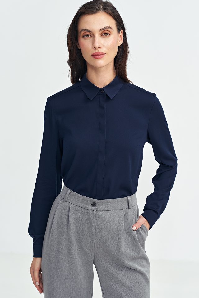 Nife viscose klassieke blouse met kraag – marineblauw