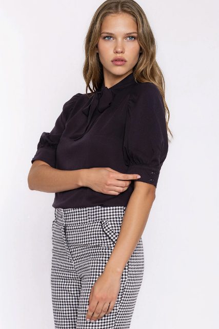 Nife viscose elegante blouse met strik – zwart
