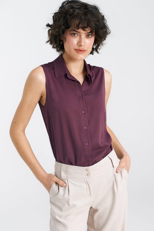 Nife mouwloze blouse met kraag – pruim