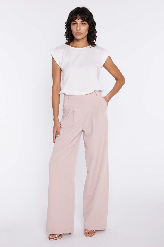 Broek met plooien en wijde pijpen – beige