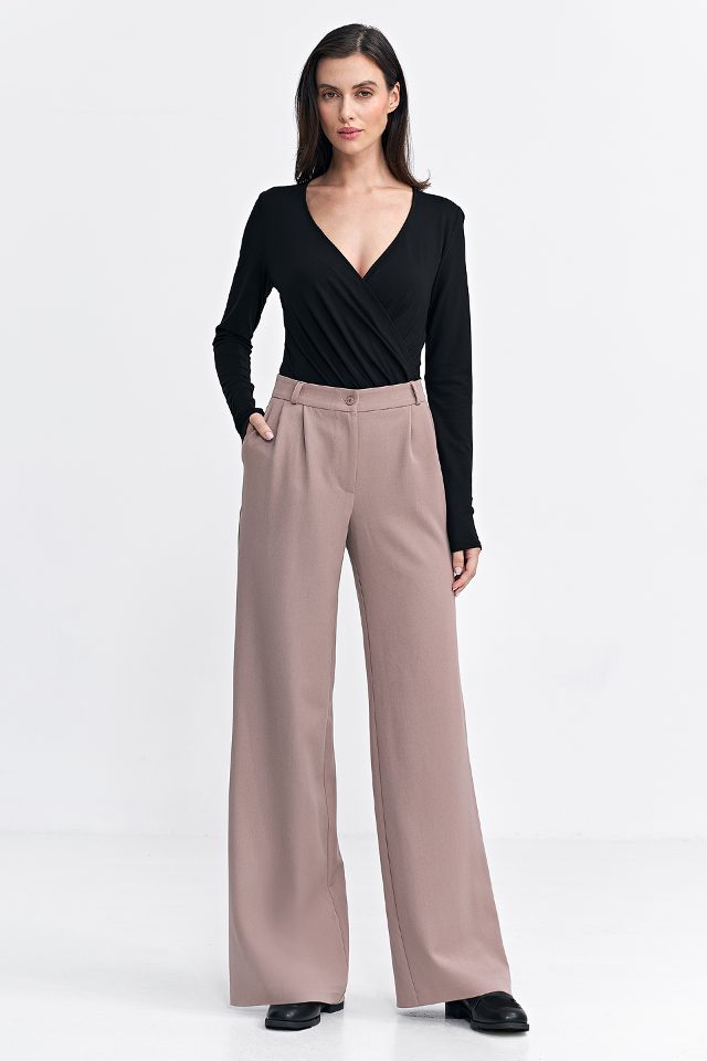 Geplooide polyester wijde broek – beige