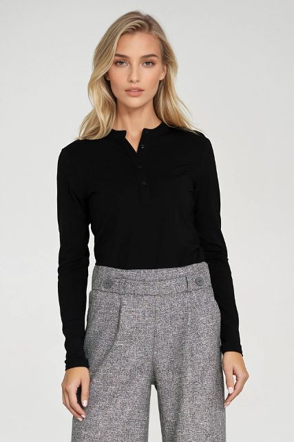 Nife viscose poloblouse met opstaande kraag – zwart