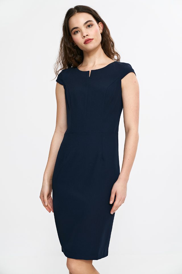 Potloodvormige jurk met halslijn splitje – marineblauw