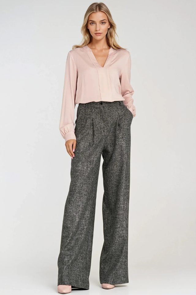 Broek met plooien, wijde pijpen – zwart
