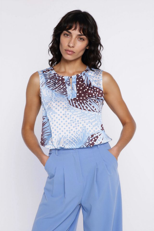 Nife blouse met sierhals met print – leafs